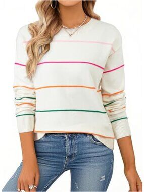 Women's Crew Neck Knit Striped Pullover Sweater Long Sleeve Casual Top